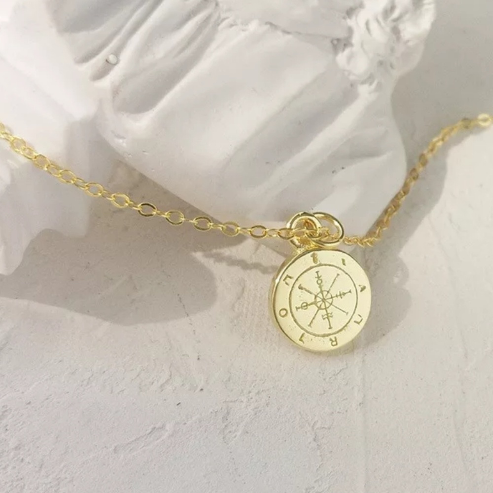 14k Wanderlust Compass Dainty Necklace Round